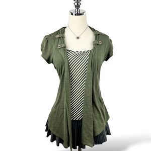 Womens M/L Olive Layered Cardigan Striped Tank Y2K Indie Sleaze 2000s Top